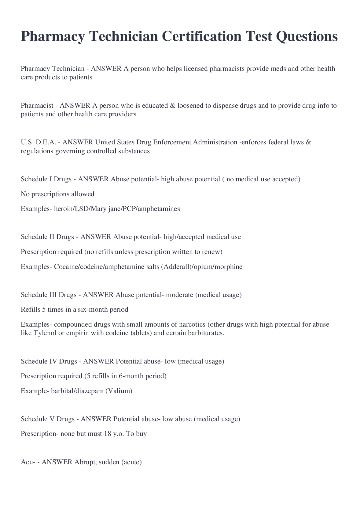 Pharmacy Technician Certification Test Questions And Answers( Latest